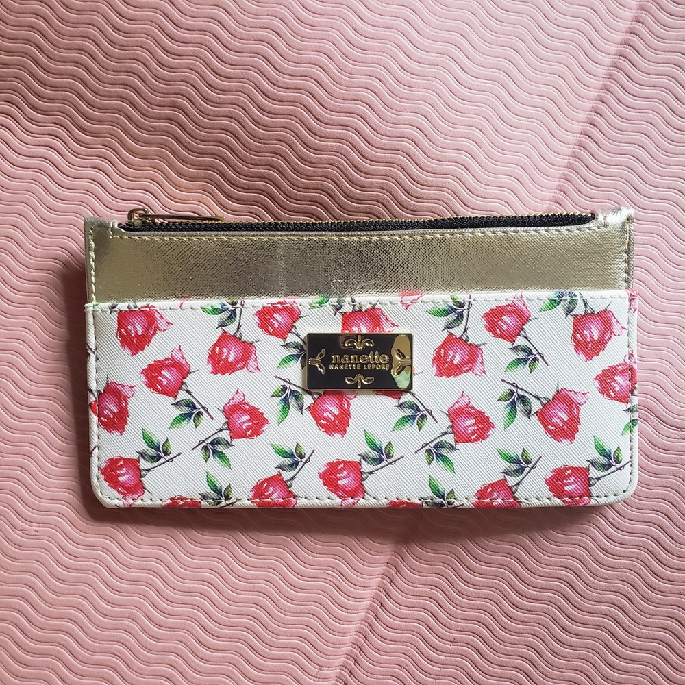 Nanette Lepore Pink Floral and Gold Zip Wallet